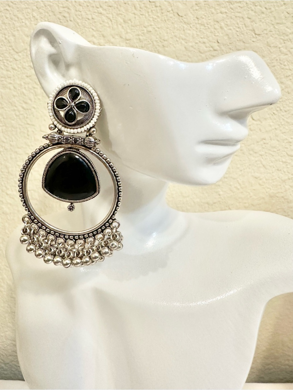Silver-Tone Black Stone Chandbali Earrings